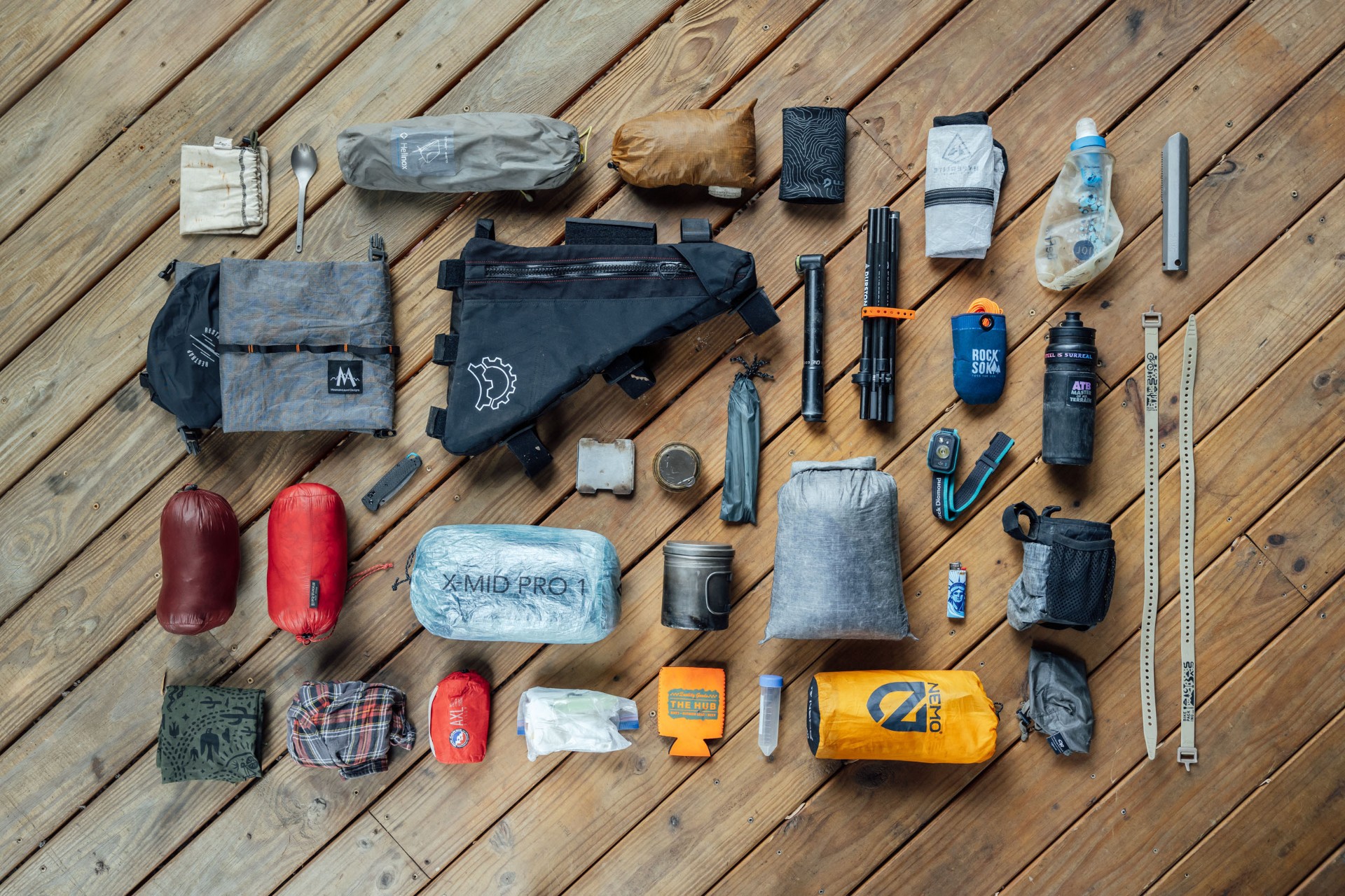 Bikepacking gear flatlay
