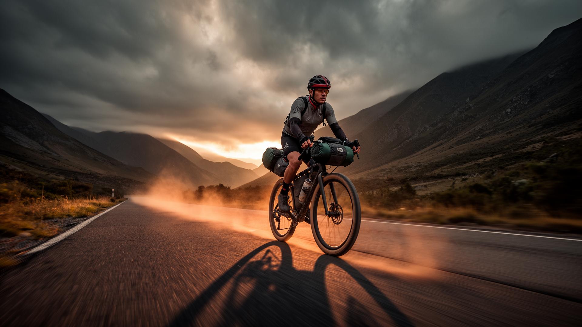 Lone ultra-endurance cyclist riding through a mountain pass at golden hour